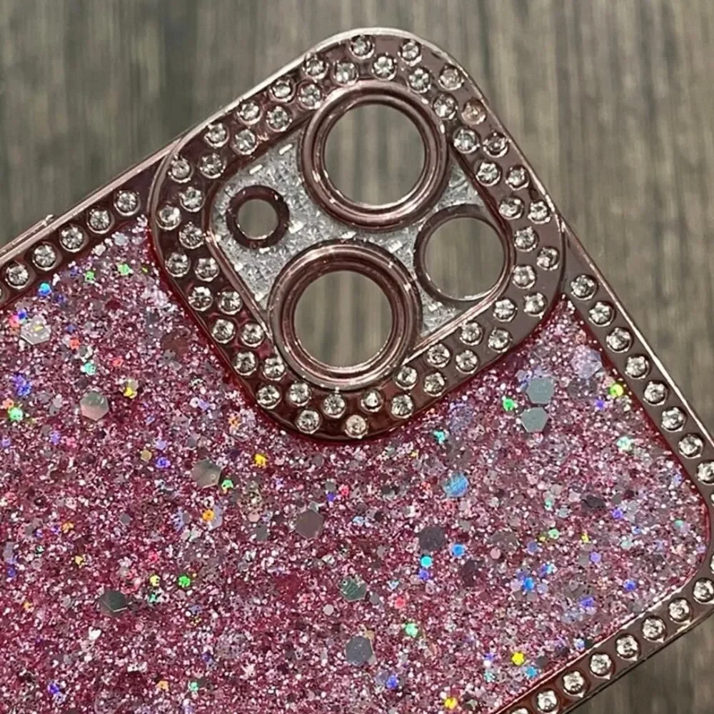iPhone 13 Phone Case Glitter Bling Sequins Silicone Pink